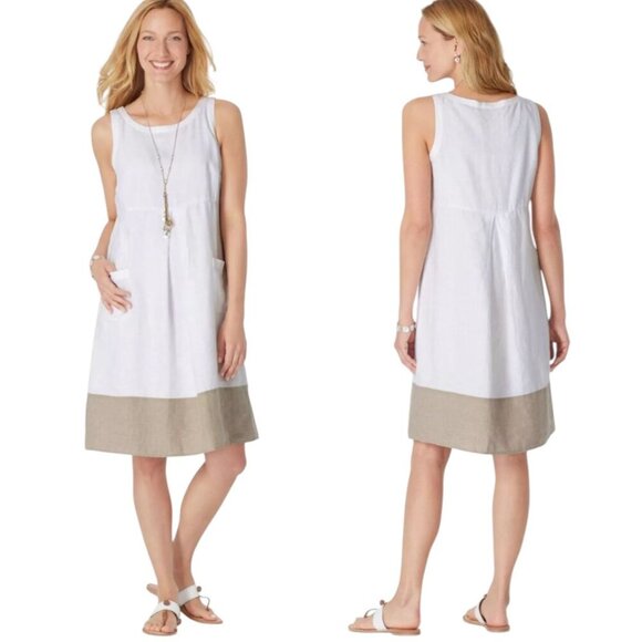 J.Jill Love Linen Sleeveless Dress Pockets Cream Tan Border Beachy Coastal Sz M - Picture 1 of 12